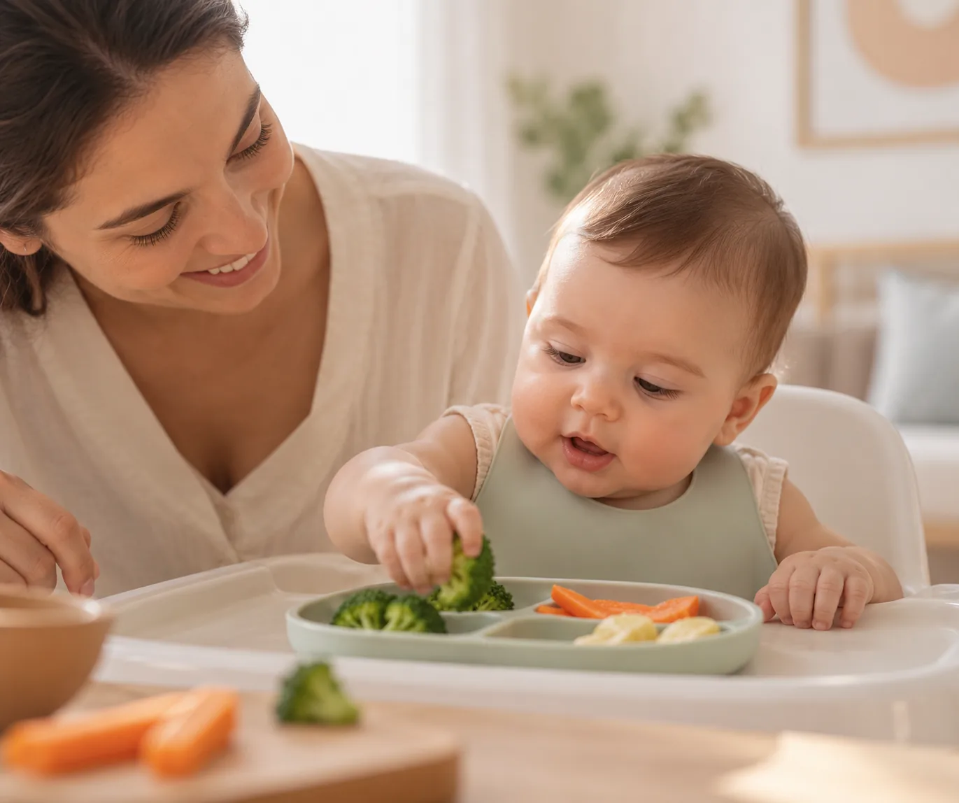 Bebê provando os primeiros alimentos no prato, acompanhado pela mãe